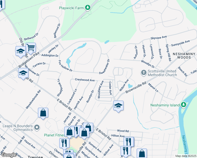 map of restaurants, bars, coffee shops, grocery stores, and more near 400 Crestwood Avenue in Feasterville-Trevose
