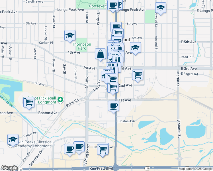 map of restaurants, bars, coffee shops, grocery stores, and more near in Longmont