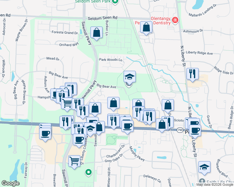 map of restaurants, bars, coffee shops, grocery stores, and more near 3358 Bear Pointe Circle in Powell