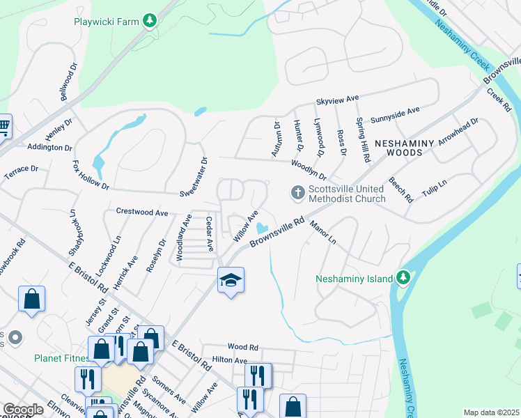 map of restaurants, bars, coffee shops, grocery stores, and more near 1110 Willow Avenue in Langhorne