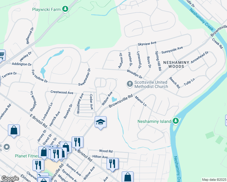 map of restaurants, bars, coffee shops, grocery stores, and more near 1110 Willow Avenue in Langhorne