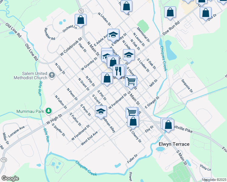 map of restaurants, bars, coffee shops, grocery stores, and more near 41 South Charlotte Street in Manheim