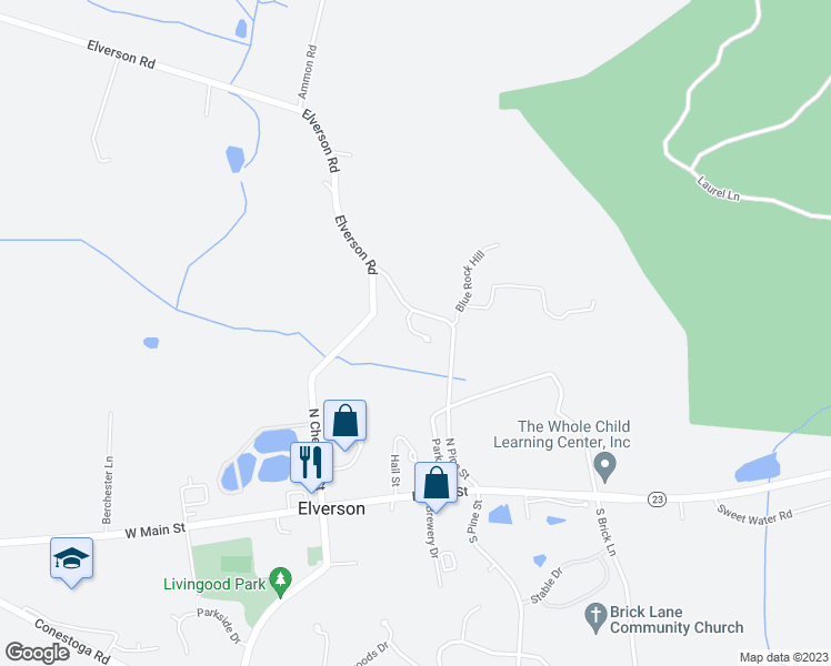 map of restaurants, bars, coffee shops, grocery stores, and more near Wildflower Court in Elverson
