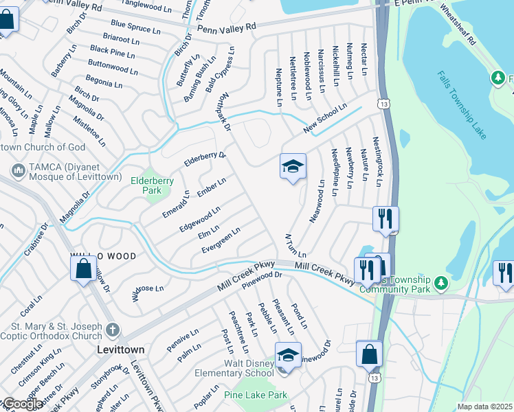 map of restaurants, bars, coffee shops, grocery stores, and more near 50 Elderberry Drive in Levittown