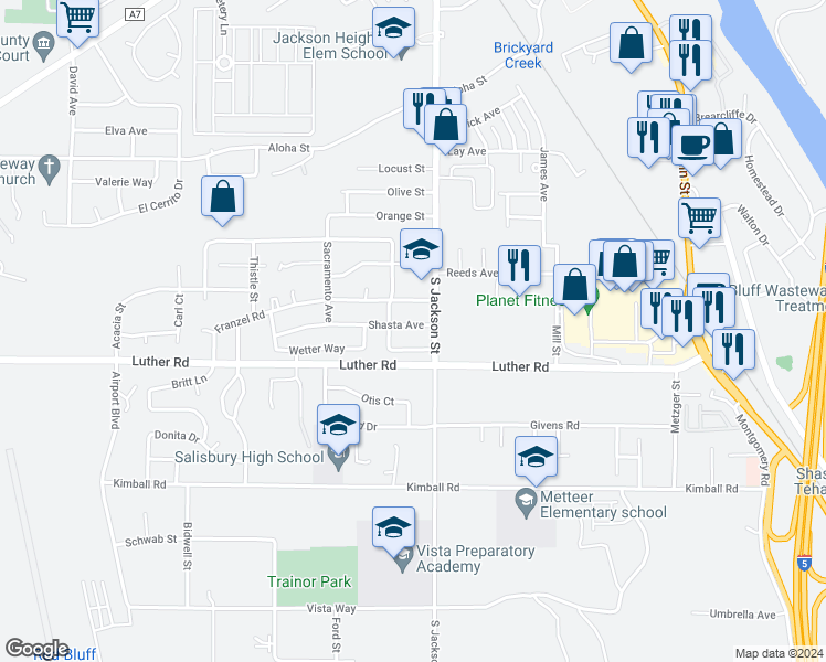 map of restaurants, bars, coffee shops, grocery stores, and more near 825 Shasta Avenue in Red Bluff