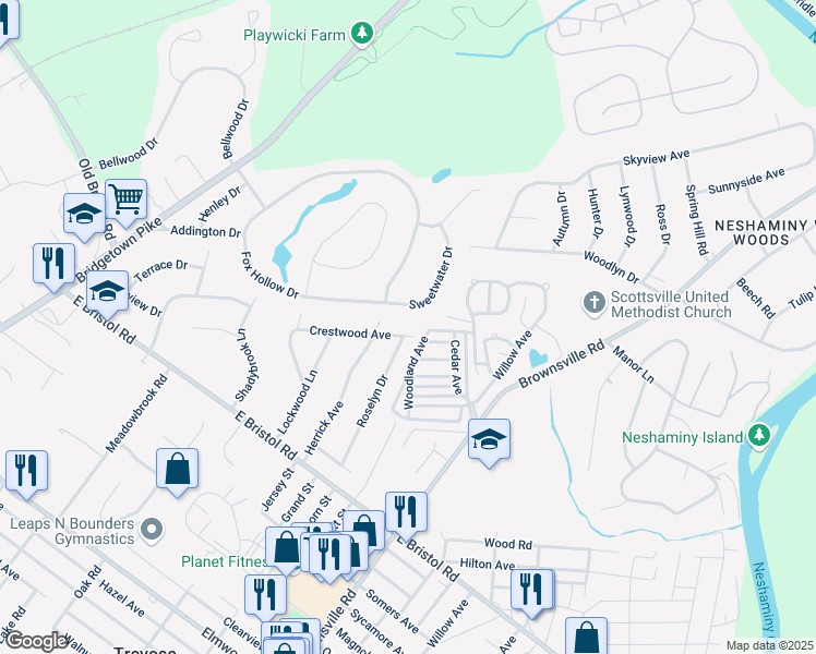 map of restaurants, bars, coffee shops, grocery stores, and more near 400 Crestwood Avenue in Feasterville-Trevose
