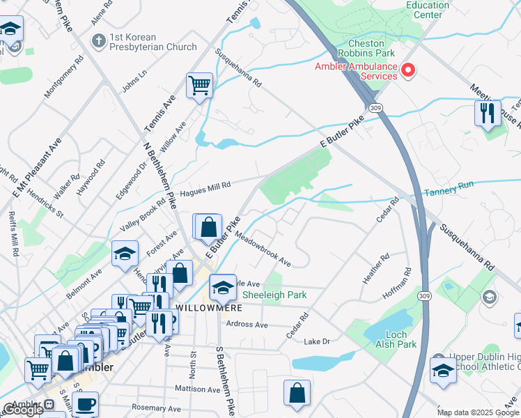 map of restaurants, bars, coffee shops, grocery stores, and more near 2 Cavendish Drive in Ambler