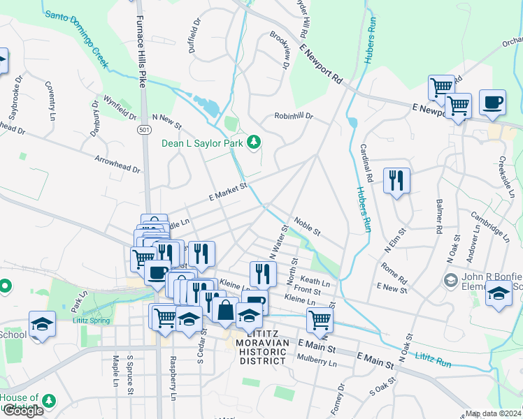 map of restaurants, bars, coffee shops, grocery stores, and more near 334 North Cedar Street in Lititz