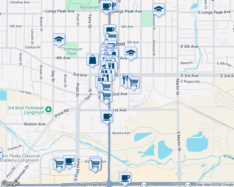 map of restaurants, bars, coffee shops, grocery stores, and more near 204 Main Street in Longmont