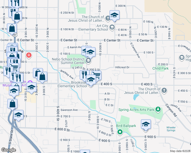 map of restaurants, bars, coffee shops, grocery stores, and more near 756 East 300 South in Springville