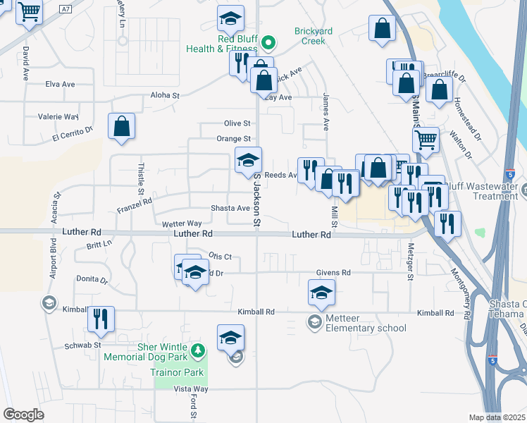 map of restaurants, bars, coffee shops, grocery stores, and more near 810 Shasta Avenue in Red Bluff