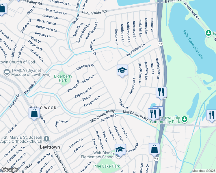 map of restaurants, bars, coffee shops, grocery stores, and more near 50 Elderberry Drive in Levittown
