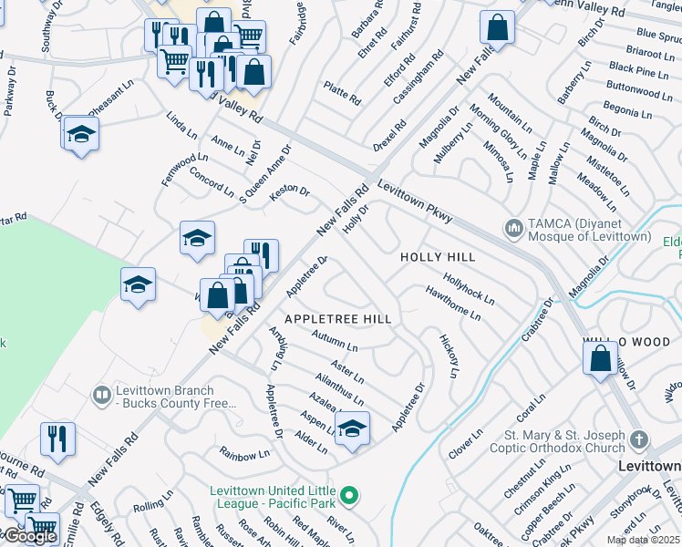 map of restaurants, bars, coffee shops, grocery stores, and more near 45 Almond Lane in Levittown
