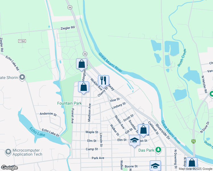 map of restaurants, bars, coffee shops, grocery stores, and more near 1614 Broadway in Piqua