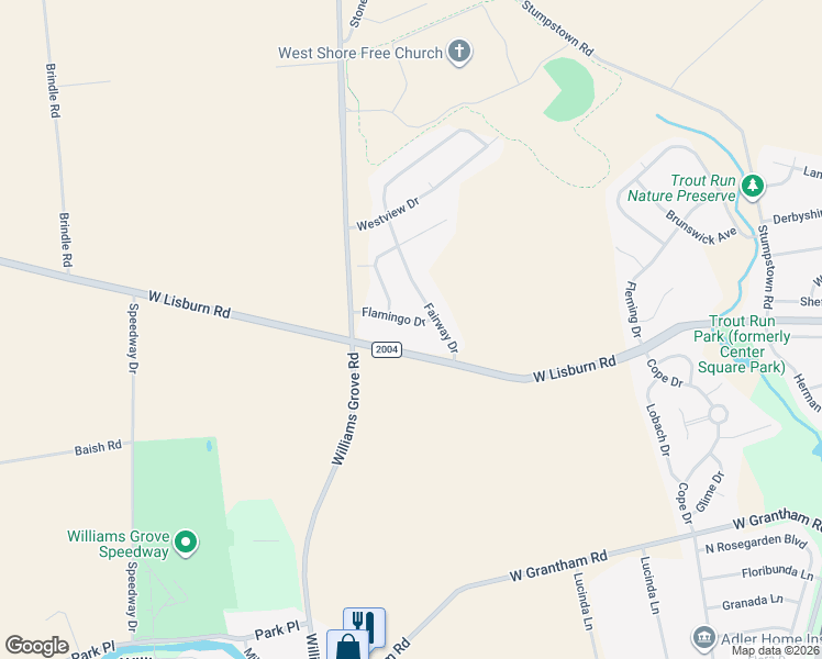 map of restaurants, bars, coffee shops, grocery stores, and more near 108 Flamingo Drive in Mechanicsburg