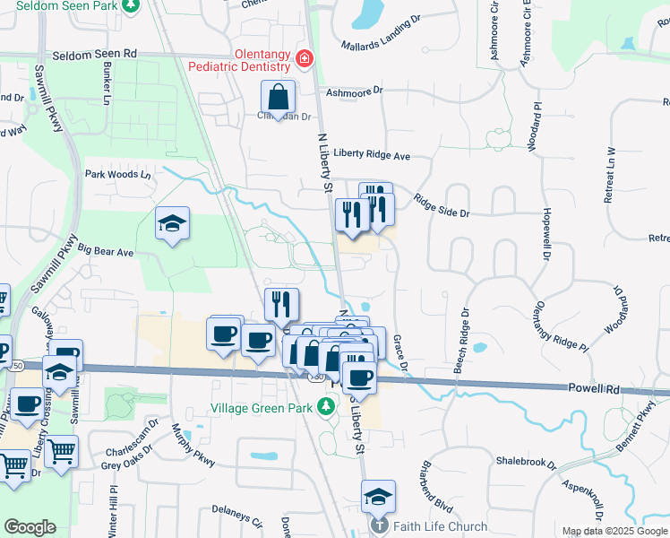 map of restaurants, bars, coffee shops, grocery stores, and more near 260 Adventure Park Drive in Powell