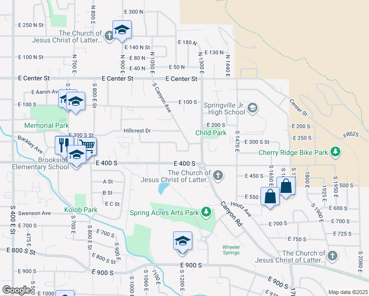 map of restaurants, bars, coffee shops, grocery stores, and more near 1215 East 375 South in Springville
