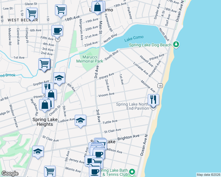 map of restaurants, bars, coffee shops, grocery stores, and more near 2214 2nd Avenue in Spring Lake