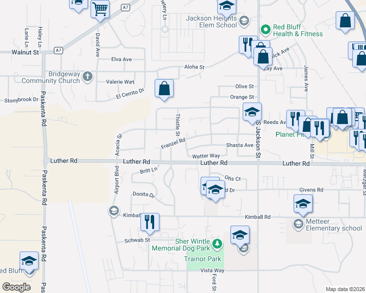 map of restaurants, bars, coffee shops, grocery stores, and more near 805 Poplar Drive in Red Bluff