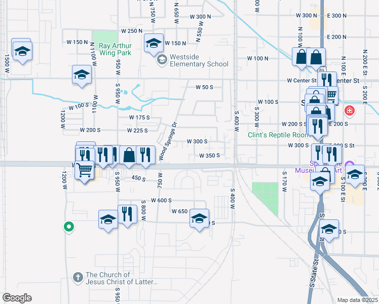 map of restaurants, bars, coffee shops, grocery stores, and more near 344 South 500 West in Springville