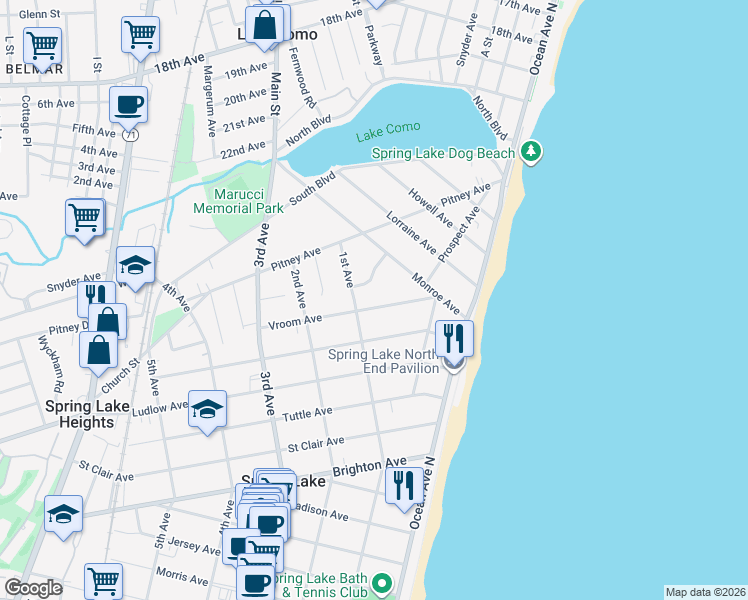 map of restaurants, bars, coffee shops, grocery stores, and more near 19 Seawood Way in Spring Lake