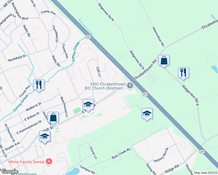 map of restaurants, bars, coffee shops, grocery stores, and more near 10 Gerald Drive in Elizabethtown