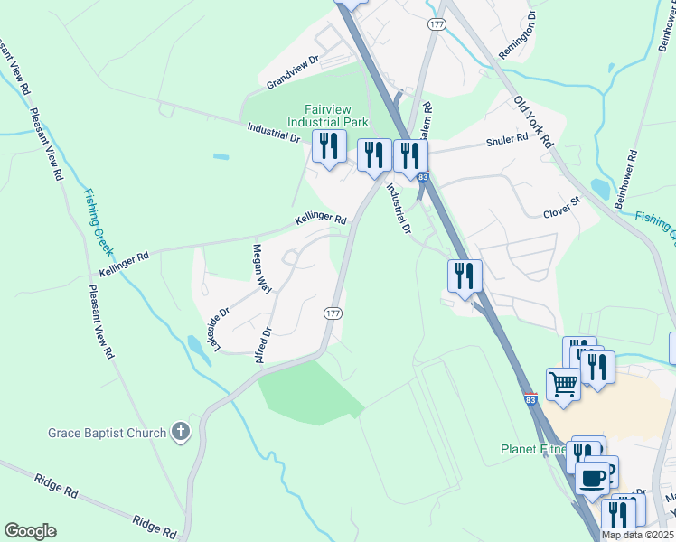 map of restaurants, bars, coffee shops, grocery stores, and more near 691 Wyndamere Road in Lewisberry