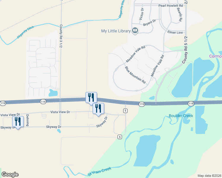 map of restaurants, bars, coffee shops, grocery stores, and more near 1908 Meadow Vale Road in Longmont