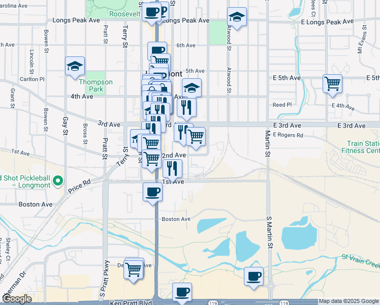 map of restaurants, bars, coffee shops, grocery stores, and more near 324 2nd Avenue in Longmont
