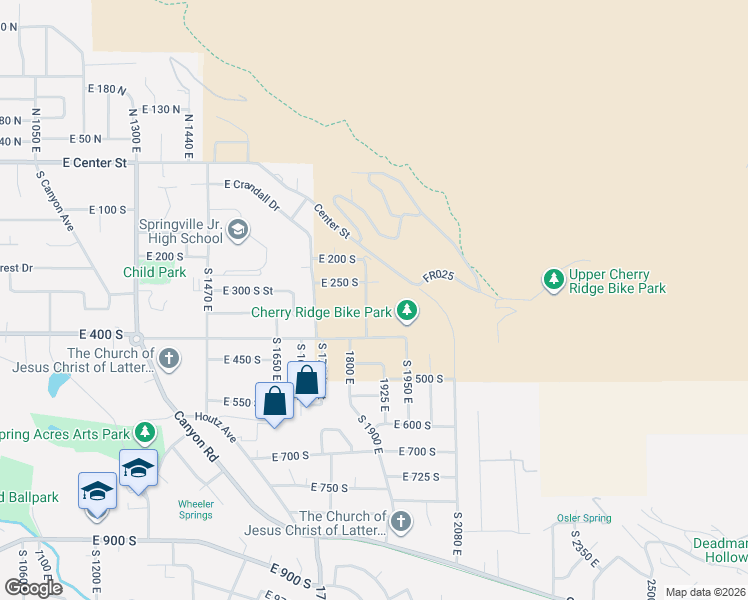 map of restaurants, bars, coffee shops, grocery stores, and more near 275 South 1850 East in Springville