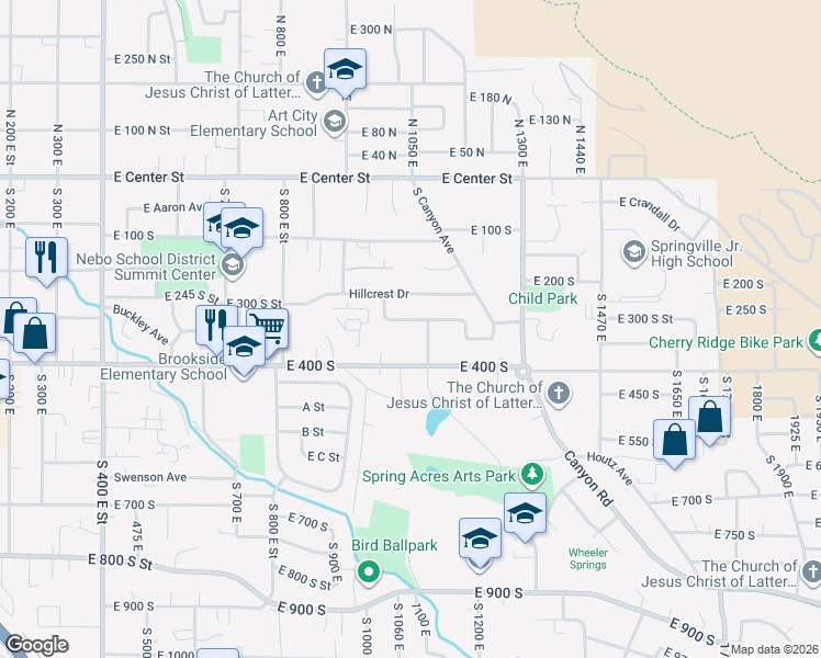 map of restaurants, bars, coffee shops, grocery stores, and more near 1077 East Meadow Lark Lane in Springville