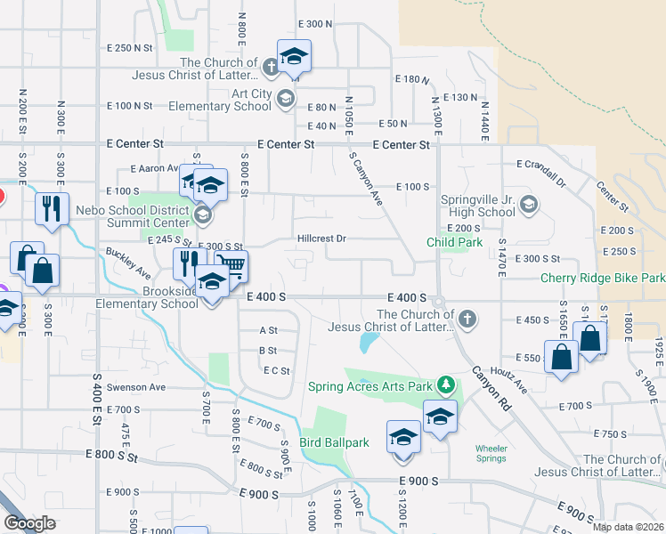 map of restaurants, bars, coffee shops, grocery stores, and more near 328 South 1000 East in Springville