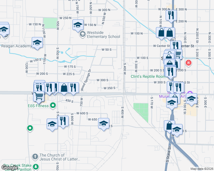map of restaurants, bars, coffee shops, grocery stores, and more near 493 West 300 South in Springville