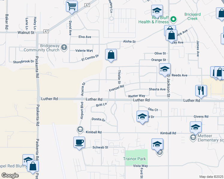 map of restaurants, bars, coffee shops, grocery stores, and more near 1330 Franzel Road in Red Bluff