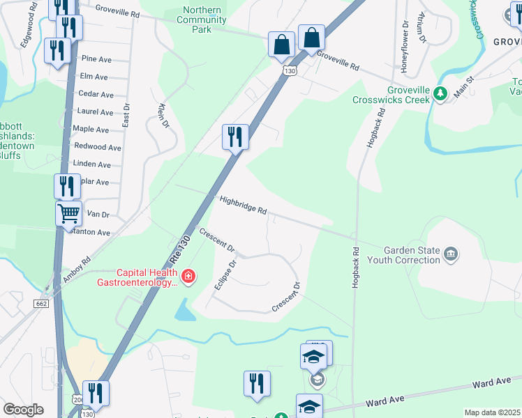 map of restaurants, bars, coffee shops, grocery stores, and more near 23 Highbridge Road in Trenton