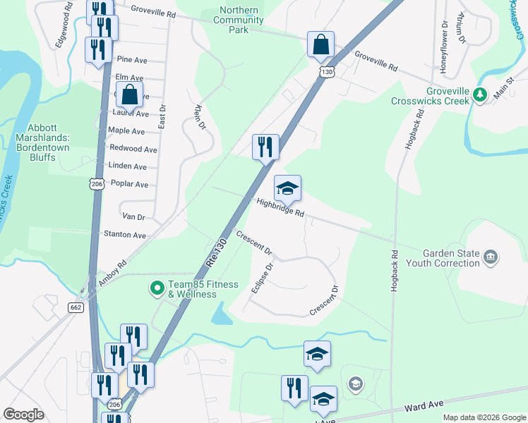 map of restaurants, bars, coffee shops, grocery stores, and more near 17 Highbridge Road in Trenton