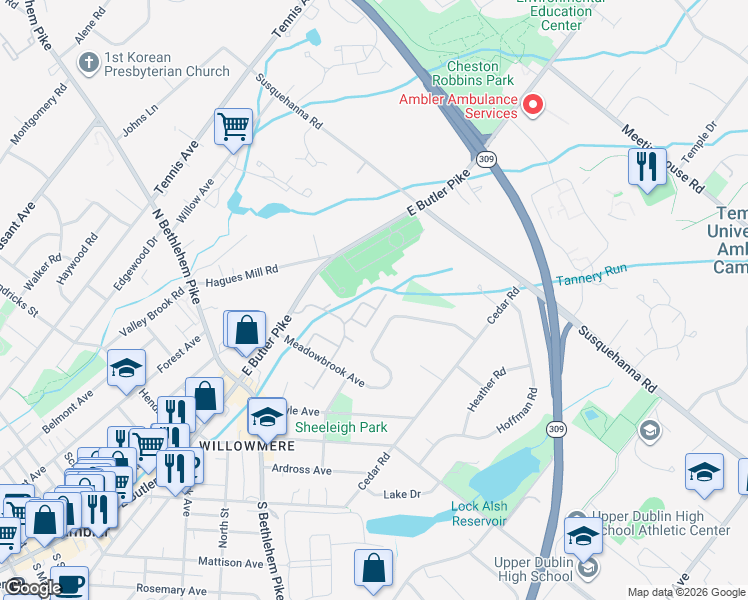 map of restaurants, bars, coffee shops, grocery stores, and more near 650 Meadowbrook Avenue in Ambler