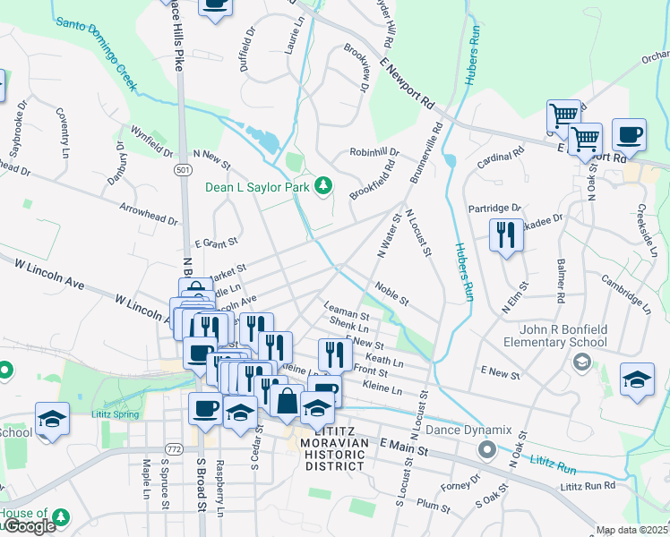 map of restaurants, bars, coffee shops, grocery stores, and more near 400 North Cedar Street in Lititz