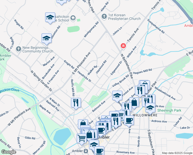 map of restaurants, bars, coffee shops, grocery stores, and more near 405 Haywood Road in Ambler