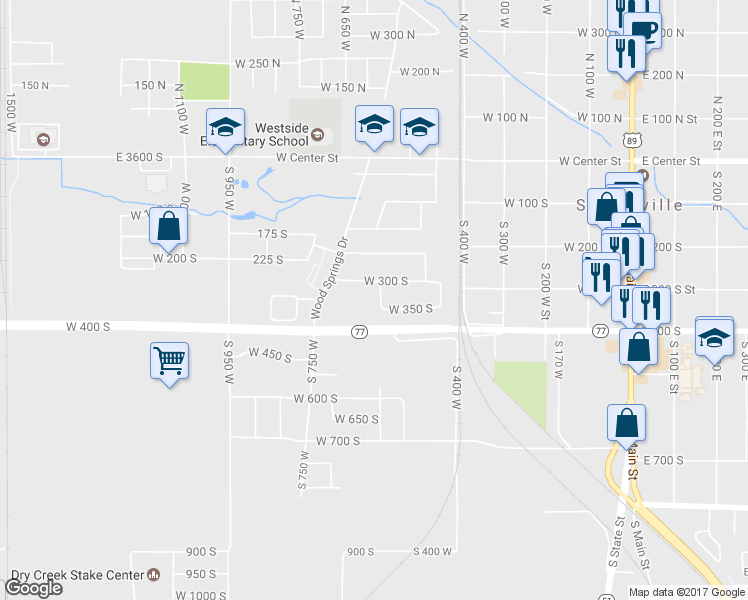 map of restaurants, bars, coffee shops, grocery stores, and more near 344 South 500 West in Springville