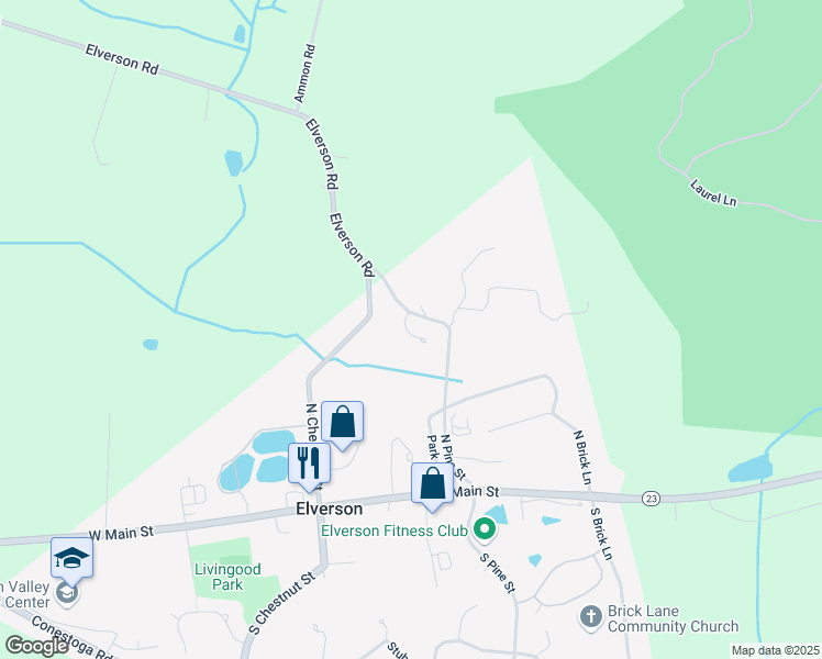 map of restaurants, bars, coffee shops, grocery stores, and more near 92 Park Avenue in Elverson