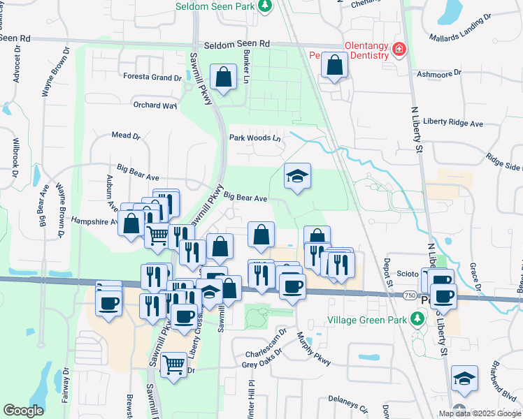 map of restaurants, bars, coffee shops, grocery stores, and more near 3311 Bear Pointe Circle in Powell