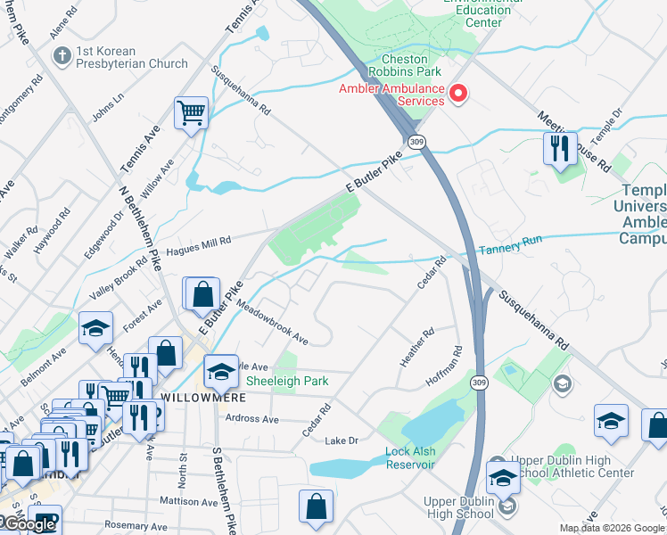 map of restaurants, bars, coffee shops, grocery stores, and more near 650 Meadowbrook Avenue in Ambler
