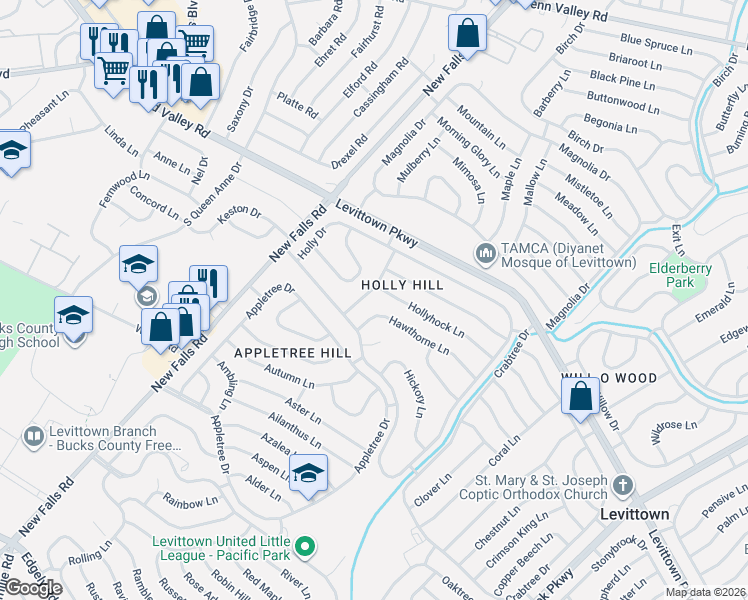 map of restaurants, bars, coffee shops, grocery stores, and more near 74 Hollyhock Lane in Levittown