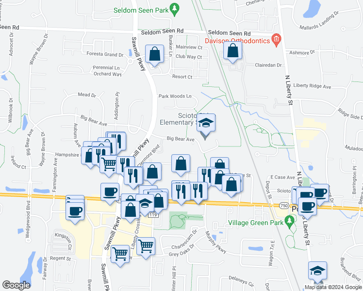 map of restaurants, bars, coffee shops, grocery stores, and more near 3315 Bear Pointe Circle in Powell