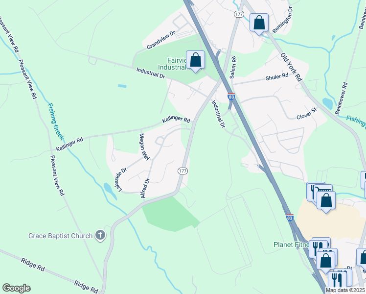 map of restaurants, bars, coffee shops, grocery stores, and more near 691 Wyndamere Road in Lewisberry