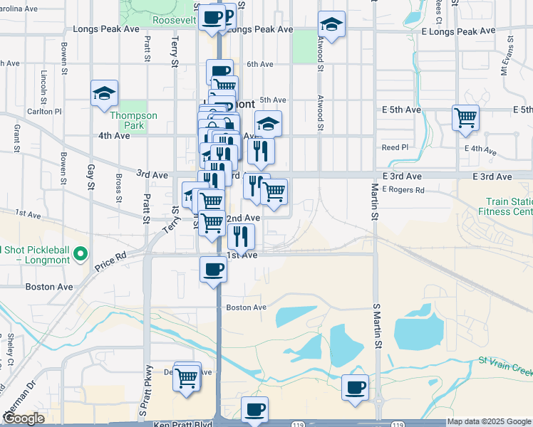 map of restaurants, bars, coffee shops, grocery stores, and more near 324 2nd Avenue in Longmont