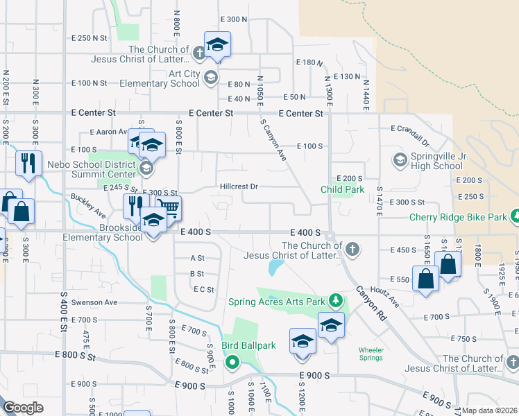 map of restaurants, bars, coffee shops, grocery stores, and more near 1077 East Meadow Lark Lane in Springville