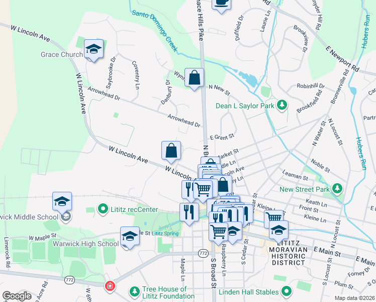 map of restaurants, bars, coffee shops, grocery stores, and more near 4 Amberly Way in Lititz