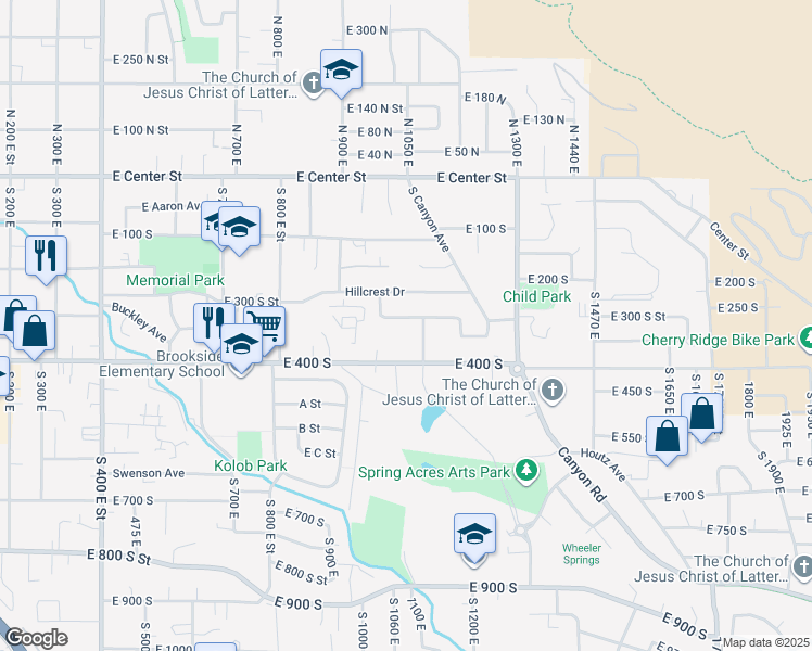 map of restaurants, bars, coffee shops, grocery stores, and more near 1062 East 350 South in Springville